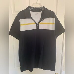 Banana Republic Polo: Cotton, Dark Navy w/White/Yellow Stripe on Chest/Back XL